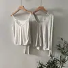 Conjunto de Cardigan de Tricô com Manga Longa + Regata de Renda Estilo Casual Oufan para Mulheres Camisa Refrescante Emagrecedora 11401