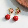 Nuevos Pendientes Estilo Chino Flor que Gotea Aceite Rojo Sin Agujero en la Oreja Repelente de Mosquitos Plato de Incienso Pinza para Oreja Perla Roja de Cinabrio Estilo Nacional Elegantes de Lujo