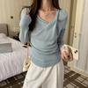 Tricô Básico de Manga Longa com Gola Swing Estilo Francês Feminino Outono Pregas Laterais Cintura Marcada Ombro Chanfrado Doce e Picante Chic Top Interno