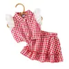 Amazon Conjunto de Dos Piezas para Bebé Niña de 0 a 3 Años Verano Rojo y Blanco Cuadros Encaje Mangas Volantes Top + Falda con Volantes