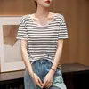 # Lana Tencel, Ultradelgada y Amigable con la Piel, con una Sensación Fresca y Refrescante # Camiseta Holgada para Mujer, Top Rayado Negro y Blanco de Manga Corta para Verano para Usar por Encima