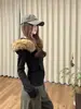 Sudadera jacket negra ajustada para mujer, nuevo estilo otoño 2026, cárdigan retro americano otoño/invierno con capucha y cuello de piel sintética, atuendo