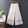 Ropa Nueva de Primavera para Mujer Estilo Japonés Estilo Estilo Fresco Pequeño Cintura Elástica Empalme de Encaje Leggings Pantalones de Pierna Ancha de Algodón Tejido
