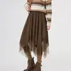 Falda Irregular de Ante con Borlas para Mujer en Otoño con Empalme de Malla, Adelgazante y Favorecedora, Cintura Elástica, Falda de Dobladillo Amplio