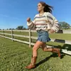 Amazon eBay Suéter de Punto Trenzado Versátil Holgado Elegante para Mujer de Primavera y Otoño con Rayas de Color Contrastante Venta al por Mayor