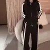 Conjunto de dos piezas para mujer: chaqueta a rayas con capucha y cremallera de estilo deportivo casual + pantalones largos anchos con cordón