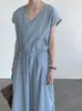 Vestido de Verano Fino TaochuanShuying Qingsha 26 Vestido Largo de Verano con Cuello en V Suelto y Cintura con Cordón 26030