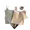 Camisola retro a rayas con botones estilo chino para mujer, corte ajustado con copas, adecuada para usar como capa base o para salir