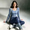 Conjunto Deportivo Casual para Yoga Cuello Cuadrado Corto Manga Larga Cintura Alta Bloque de Color Pantalones de Yoga Secado Rápido Transpirable Ropa de Entrenamiento Fitness