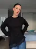 Camiseta de Manga Larga Irregular con Cuello Redondo, Parches de Encaje Satinado Suave Estilo Francés Transfronteriza, Cinturón