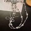 Cadena para teléfono móvil con lazo de perla plateada y bola de diamante, colgante de bolso de cadena para colgar en el cuello en diagonal, para mujer