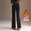 Calças pantalona simples e estilosas com forro de fleece para mulheres, nova coleção outono/inverno 2026, calças de perna larga de cintura alta elástica, calças casuais elegantes e que afinam