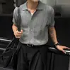 MYQ Cardigan de Punto Manga Corta con Solapa Estilo Old Money para Hombre Verano Holgado Casual Tejido de Punto Trenzado Camiseta Corta Conjunto Estilo Coreano