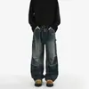 Calça Jeans Masculina Lavada Tendência Workwear, Perna Larga Reta Solta High Street Retro Americano Casual