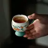 Taza de Té con Asa de Oreja de Tambor de Flores Naranja Gato Suerte Naranja Persimón Pintada a Mano Ji Flint Rojo Juego de Té Kung Fu Taza de Degustación de Té con Boca de Flor para el Hogar Taza Individual