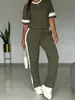 Conjunto Casual Novo Primavera e Verão Europeu e Americano Transfronteiriço Conjunto de Duas Peças Popular para Mulheres com Top de Manga Curta e Calça com Listras Laterais e Color-Blocking