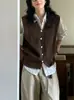 Chaleco Cardigan de Punto con Cuello en V Color Marrón Melanoid para Mujer, Ropa de Abrigo Elegante y Chic para Otoño, Top Holgado y Adelgazante