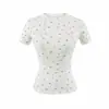 Camiseta de Manga Corta para Mujer Estilo Kardashian con Cintura de Reloj de Arena, Top Floral Elástico Ajustado para Verano con Cuello Redondo