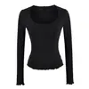 Ropa de mujer de estilo europeo y americano transfronteriza INS al por mayor: Camiseta básica puramente seductora de escote bajo, realzadora del busto, de manga larga, corte ajustado, elástica, con dobladillo