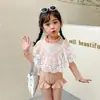 Maiô de Princesa para Menina de 5 Anos com Capa Maiô de Peça Única de Alta Qualidade para Crianças Manga Longa Renda Dobrável Roupa de Banho
