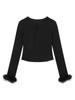 Camiseta Base de Punto Calado Maomao con Costuras y Cuello en V para Mujer, Otoño e Invierno, Elegante, Cintura Ceñida, Ajustada, Top Corto Interior Ceñido