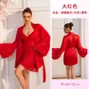 Camisola de Renda Transparente com Strass Mangas Sino Largas Robe de Amarrar Conjunto de Duas Peças Feminino para Casa 1256+8177
