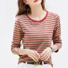 Camiseta listrada de manga longa feminina versão coreana de camisa listrada inferior feminina Rede Social Camiseta casual feminina para senhoras atacado