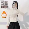 Jaqueta de Yoga Feminina com Forro de Fleece para Outono e Inverno Gola Alta Zíper Cintura Ajustada Slim-Fit Roupa Fitness Polegar Espessado Fleece Top Esportivo