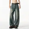 Jeans largo estilo americano para homens, calça longa casual reta solta da moda de outono, jeans lavado masculino