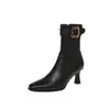 Botas de couro de duas camadas + super elásticas para mulheres, botas de corte justo para outono e inverno, saltos agulha com bico quadrado e detalhe de fivela, botas de tornozelo elásticas para mulheres