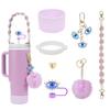 Conjunto de 7 peças de copo decorativo com tampa de palha, conjunto de copos, corrente de copo, pingente de chave da série Devil's Eye, pingente de bola de pelúcia Dun