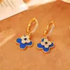 Pendientes Azules de Zirconia de Doble Capa con Forma de Trébol de Cuatro Hojas de Alto Nivel, Elegantes, con Temperamento, Chapados en Cobre, Pendientes de Oro Real, Versátiles para el Viaje