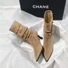 Botines de tacón de aguja de punta fina color nude para mujer 2026, adelgazantes, marrón Maillard, botines apilados, botines western, color caqui