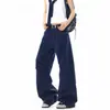 Pantalones casuales de alta gama "Ruched Workwear" de corte limpio para mujer y hombre, azul marino lavado, pantalones rectos holgados de pierna ancha