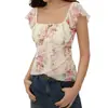 Blusa de Renda Floral com Gola Quadrada Estilo Francês e Mangas Curtas Leves para Mulheres, Barra Irregular, Cintura Ajustada, Camiseta Curta Slim Fit, Novo Estilo