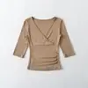 Ropa de Mujer al por Mayor Transfronteriza Estilo Europeo y Americano 2026 Verano Nuevo Camiseta de Manga Tres Cuartos con Cuello en V Cruzado Top Simple Versátil