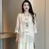 Novo Conjunto de Moda Estilo Chinês para Mulheres, Lançamento de Início de Primavera Conjunto de Duas Peças com Blusa Estampada de Botões de Caimento Solto Emagrecedora e Calça de Cintura Alta de Pernas Largas