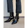Botines de tacón alto con punta, tacones de aguja estilo francés, botines elásticos, botas de cuero suave versátiles para mujer con cremallera, botines de ajuste ceñido
