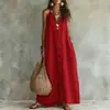 2026 Estación Independiente Transfronteriza de Verano Europea y Americana Nuevo Estilo para Mujer Color Sólido Botón Casual Moda Lino Sintético Vestido Largo