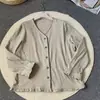 Abrigo de cáñamo para mujer de primavera y otoño, cárdigan suelto de un solo botón, cuello en V, cómodo y transpirable, borde con volantes, adecuado para ir al trabajo y para estar en casa