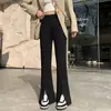 Calça Flare de Cintura Alta para Mulheres Plus Size com Fendas, Novo Estilo Primavera e Outono, Calça Casual de Perna Larga Emagrecedora para Corpo em Formato de Pera