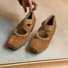 Versão em Pele de Ovelha ~ Sapatilhas Quadradas de Camurça Francesa com Tira Cruzada e Forro de Lã para Mulheres com Elevação Interna Elegantes Estilo Ballet Sapatos Mary Jane
