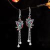 Personalidad Plata S925 Plata Esterlina Vintage Artesanía Epoxi Borla de Mariposa Método Antiguo Aretes de Cuentas Joyería de Nicho de Moda