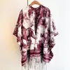 Xale de Viagem Literário Estilo Chinês para Mulheres Outono e Inverno Cachecol de Tricô Imitação de Caxemira Fenda Manto Pintura a Óleo Roupa Externa