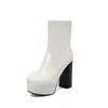 Botas de plataforma de tacón grueso con punta cuadrada de charol para mujer talla grande Botines de estilo europeo y americano T2129