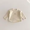 Camiseta Masculina de Algodão Puro com Gola Redonda Estilo Coreano para Primavera e Outono Roupa de Base Top de Manga Longa Cor Sólida Desenho Animado para Bebês e Crianças Pequenas Versátil