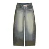Jeans de Pierna Ancha Lavados Vintage Retro Americano Tintados Sucios Yongfang para Hombres y Mujeres, Corte Holgado, Pantalones Rectos con Cordón Adelgazantes