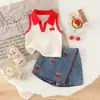 Comércio exterior infantil verão novo padrão de cereja camisa polo colete sem mangas saia jeans calça conjunto de duas peças doce e fofo