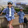 Conjunto de Verano para Niños con Estampado de Letra Grande en Set de Mezclilla, Ropa Infantil Moderna con Mangas Cortas, Ropa Infantil de Exportación, Conjunto de Dos Piezas para Niños Pequeños