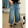 Jeans Europeos Finos Vintage Desgastados Rasgados Cropped de Pierna Ancha para Mujer, Verano de Cintura Alta Sueltos Adelgazantes Rectos de Longitud Media